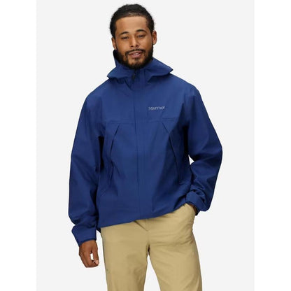 A front view of the Marmot Men's PreCip Eco Pro Jacket in Black on a model against a white background.