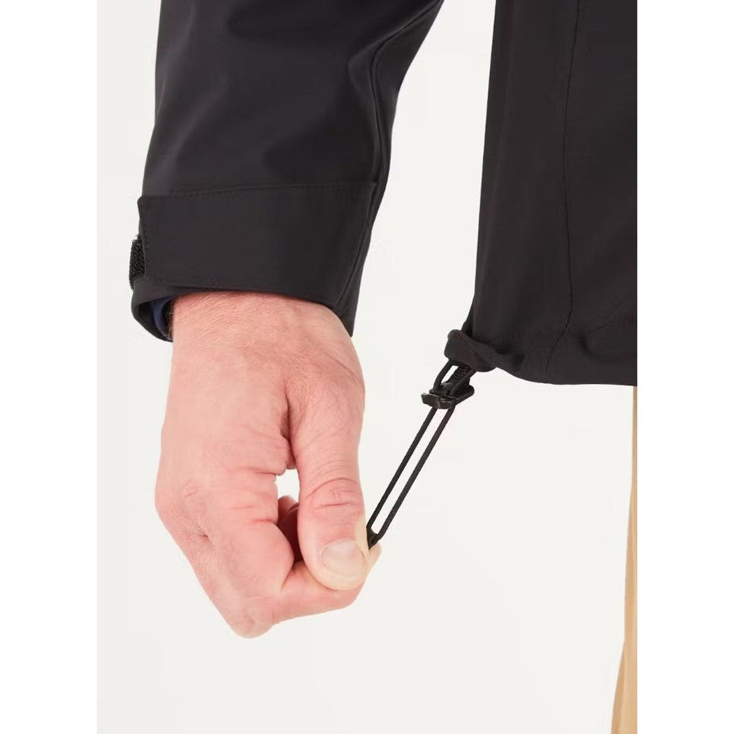 A close-up of the Marmot Men's PreCip Eco Pro Jacket in Black showing the adjustable cuff cord and a hand holding it against a white background.