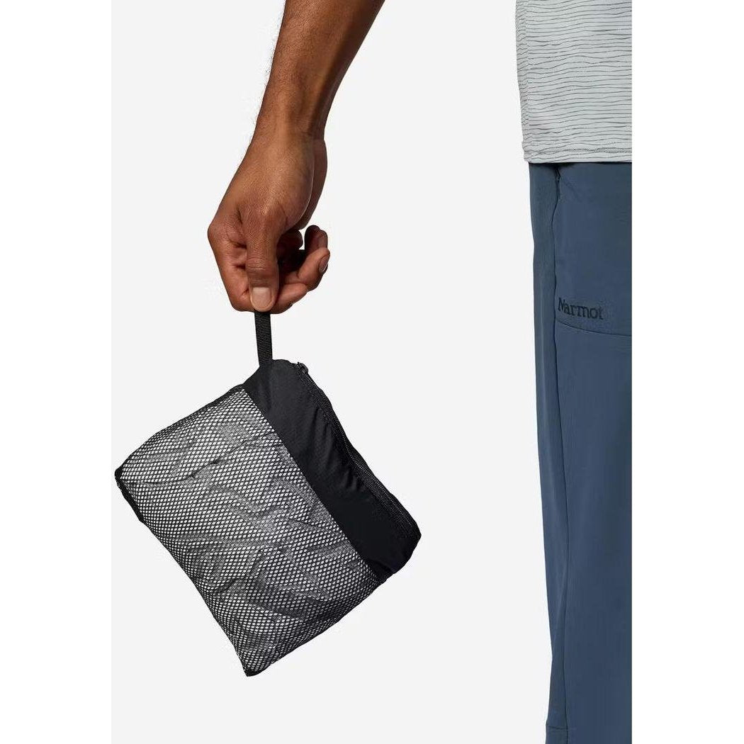 A person holds a folded Marmot Men's PreCip Evo Pant in Black against a white background.