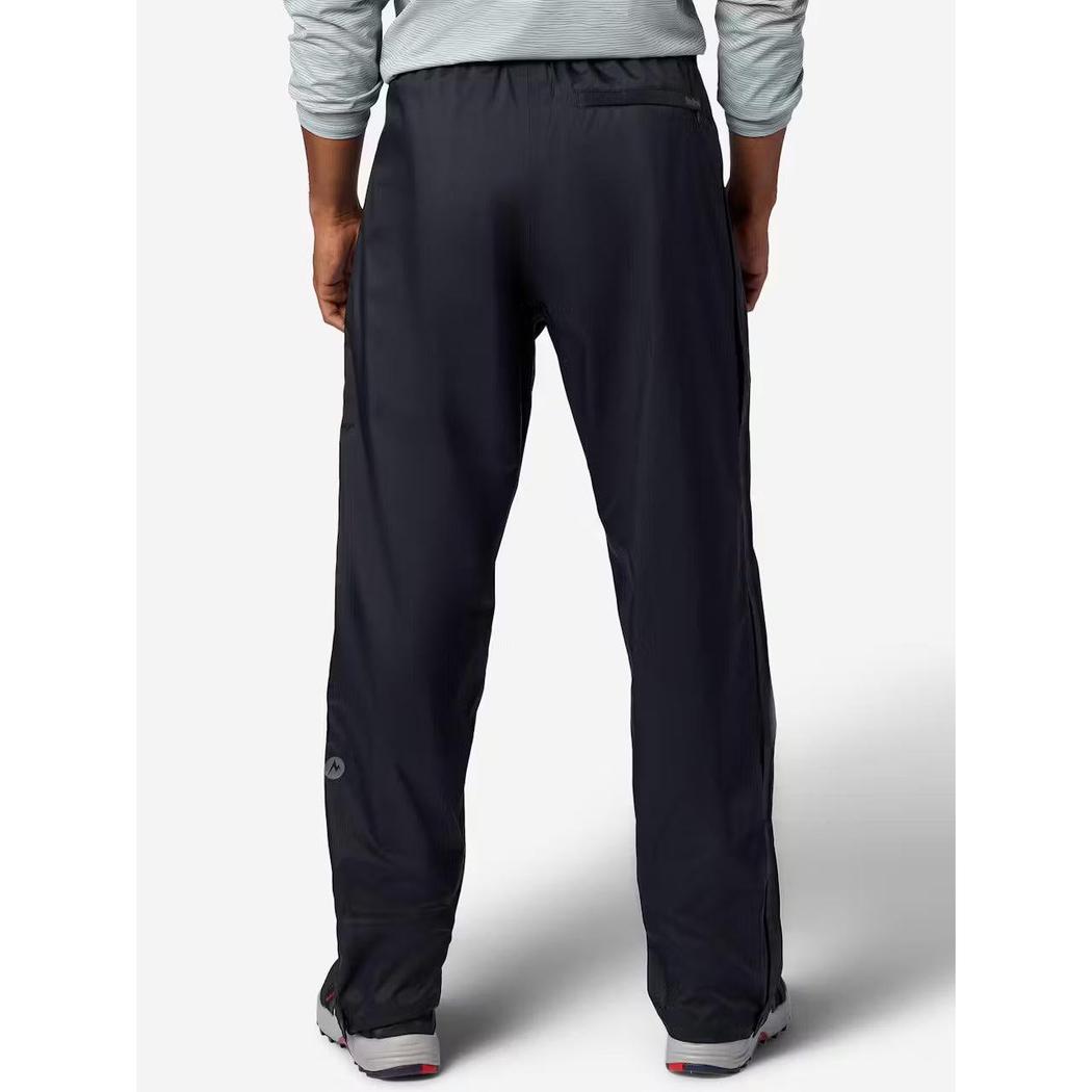 Back view of the Marmot Men's PreCip Evo Pro Full Zip Pants in Black, showing the elastic waistband and straight leg fit against a plain white background.