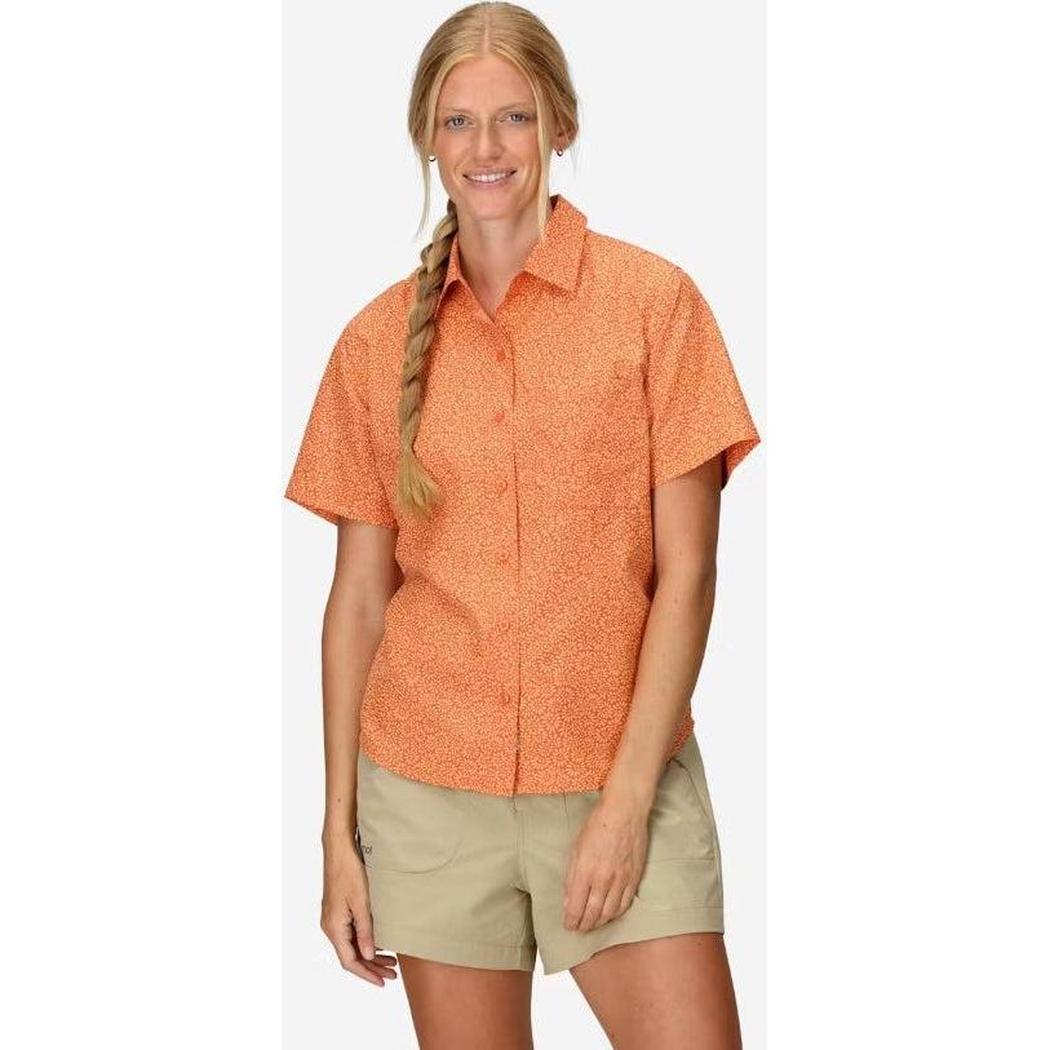 A front view of the Marmot Women's AirExchange Novelty SS Shirt in Pomelo Mini Bloom on a model wearing khaki shorts against a white background.