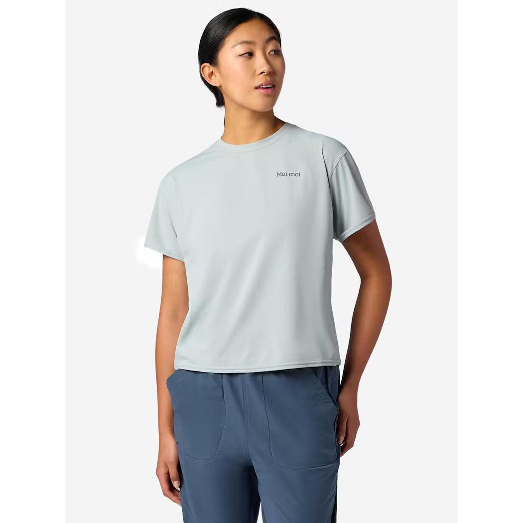 A front view of the Marmot Women's AirExchange SolarShield Crew Short Sleeve in Boulder Crack on a model against a white background.