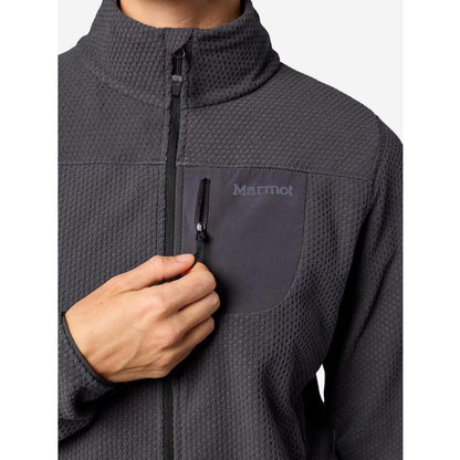 A close-up of the Marmot Women's AirFleece Jacket in Blackened, showing the front zipper and chest pocket with a hand holding the zipper pull against a plain background.