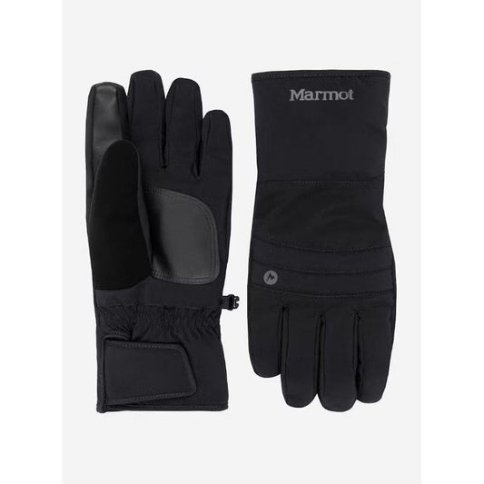 Front and back view of the Marmot Women's Moraine Glove in Black showing the palm and back of the glove against a white background.