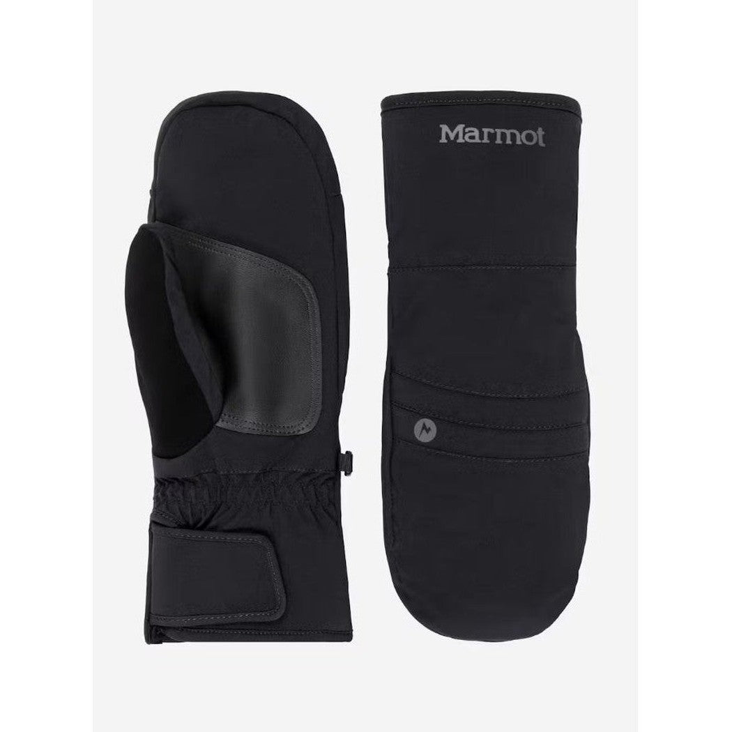 Side view of the Marmot Women's Moraine Mitt in Black showing the padded palm and adjustable wrist strap against a white background.