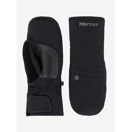 Side view of the Marmot Women's Moraine Mitt in Black showing the padded palm and adjustable wrist strap against a white background.