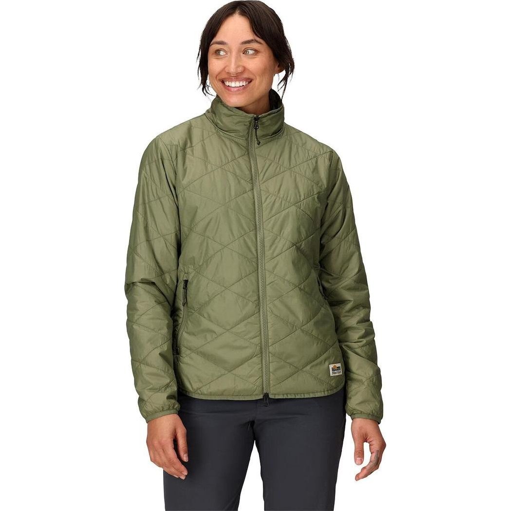 A front view of the Marmot Women's Onward Insulated Jacket in Olive Grove on a model wearing dark pants against a white background.