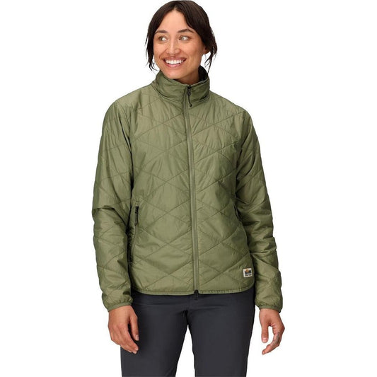 A front view of the Marmot Women's Onward Insulated Jacket in Olive Grove on a model wearing dark pants against a white background.