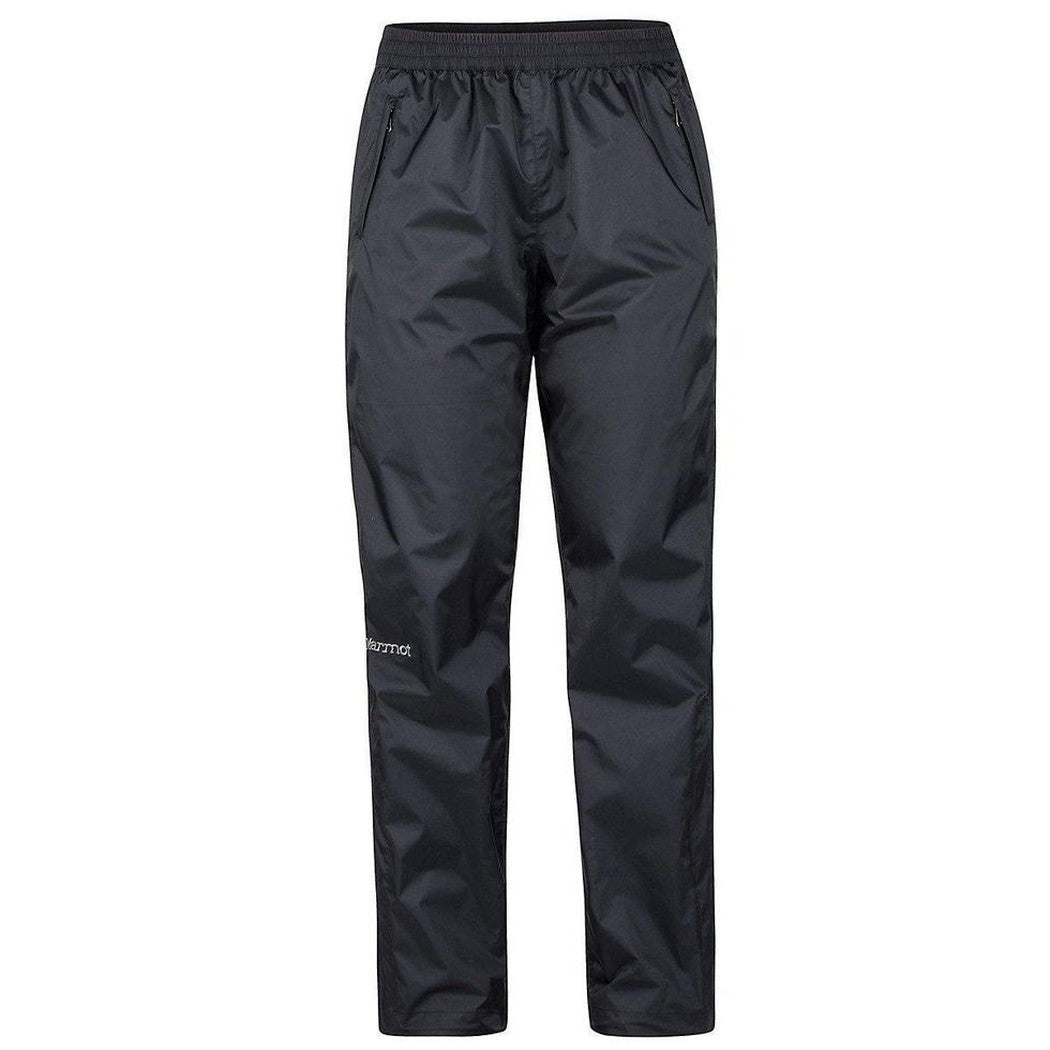 Black Marmot Women's Precip Eco Pant with elastic waistband and zippered pockets, photographed straight on against a white background.