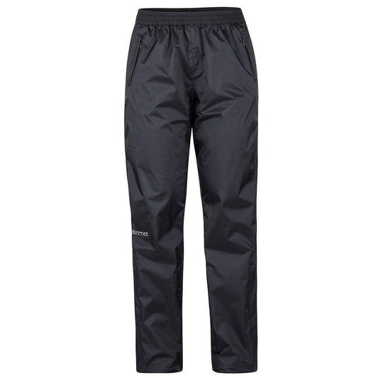 Black Marmot Women's Precip Eco Pant with elastic waistband and zippered pockets, photographed straight on against a white background.