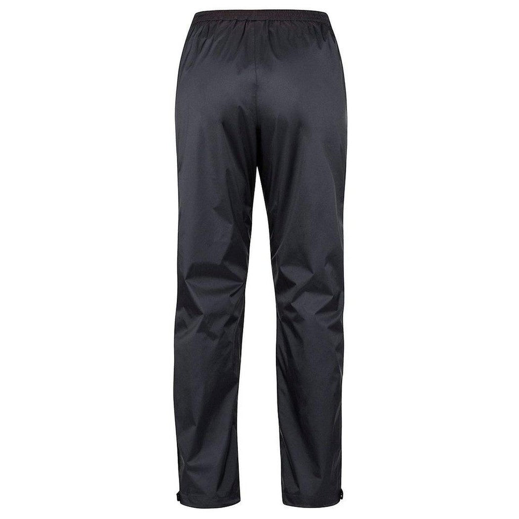 Back view of the Marmot Women's Precip Eco Pant in Black, showing the elastic waistband and straight leg fit against a white background.