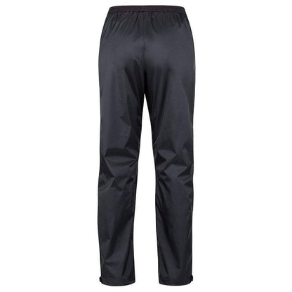 Back view of the Marmot Women's Precip Eco Pant in Black, showing the elastic waistband and straight leg fit against a white background.