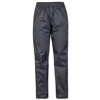 The front view of the Marmot Women's Precip Eco Pant in Black shows the elastic waistband and side pockets against a white background.