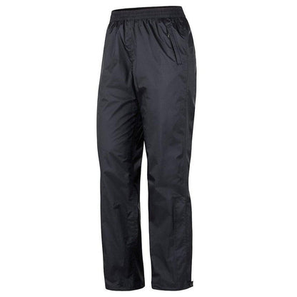 Black Marmot Women's Precip Eco Pant shown from the front with an elastic waistband and side pockets against a white background.