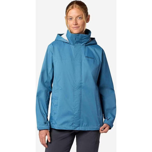 A front view of the Marmot Women's PreCip Evo Jacket in Summer Storm on a model against a white background.