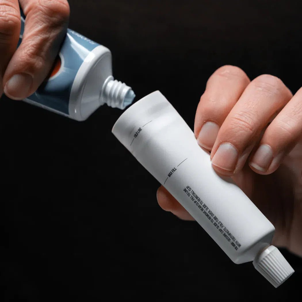 A hand squeezes a blue and white tube into a white Matador Refillable Toothpaste Tubes (2-Pack) tube against a black background.