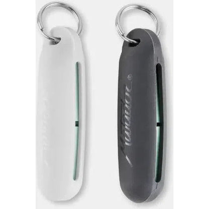 Two Matador Travel Earplugs Kits in white and charcoal hang from keyrings, side by side against a white background.