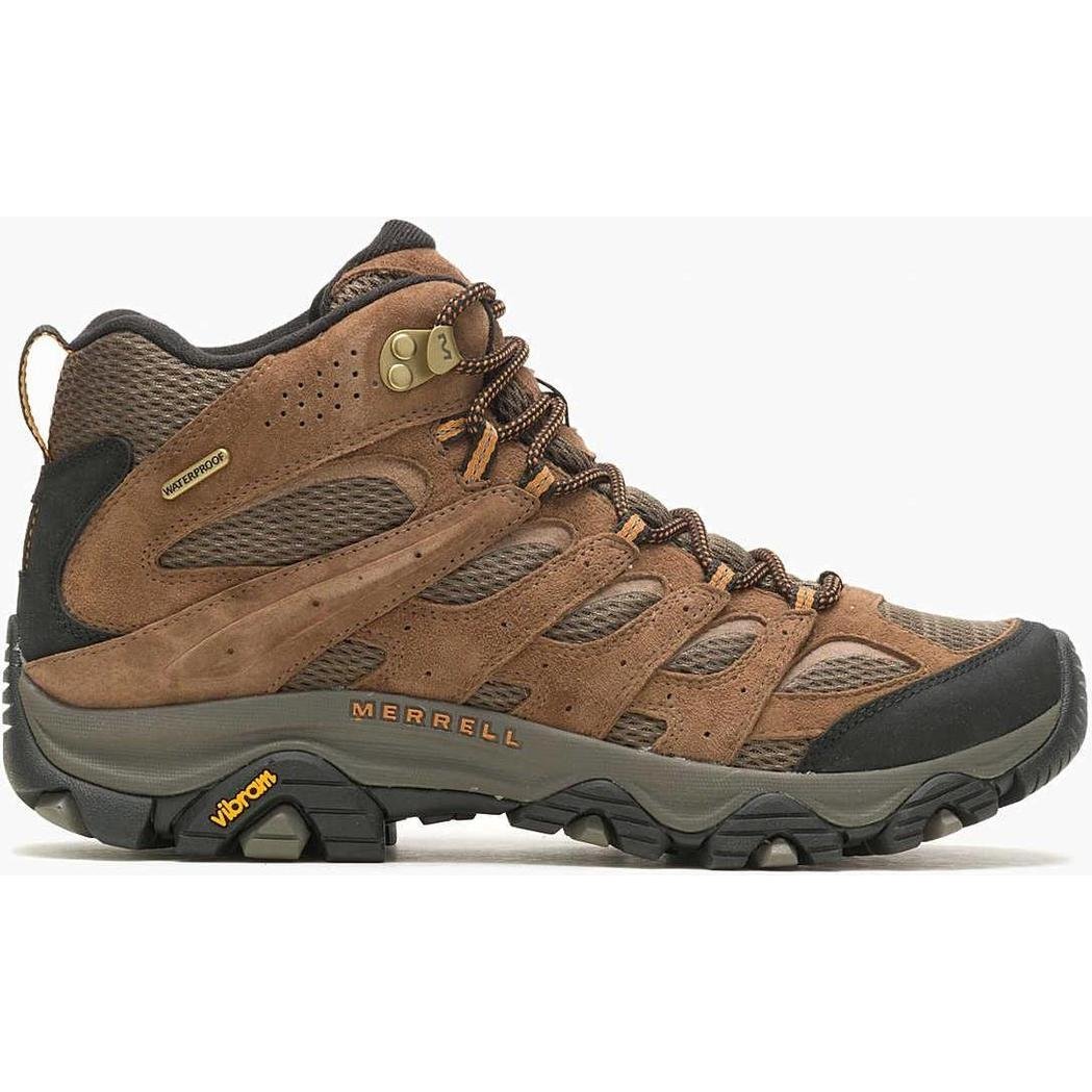 Side view of the Merrell Men's Moab 3 Mid Waterproof in Earth showing the lugged outsole against a white background.