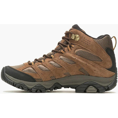Side view of the Merrell Men's Moab 3 Mid Waterproof in Earth showing the lugged outsole against a white background.