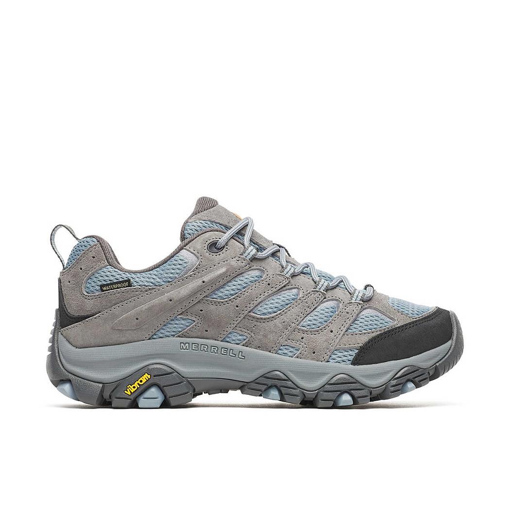 Side view of the Merrell Women's Moab 3 Waterproof in Altitude color showing the lugged outsole against a white background.