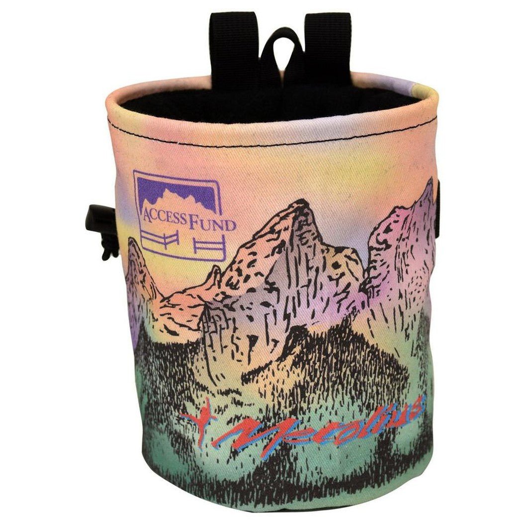 A front view of the Metolius Access Fund Comp Chalk Bag in Smith color showing the mountain graphic and black straps.