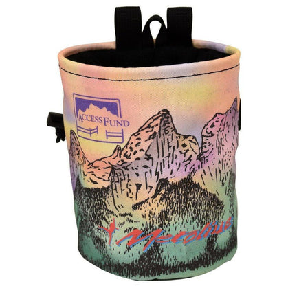 A front view of the Metolius Access Fund Comp Chalk Bag in Smith color showing the mountain graphic and black straps.