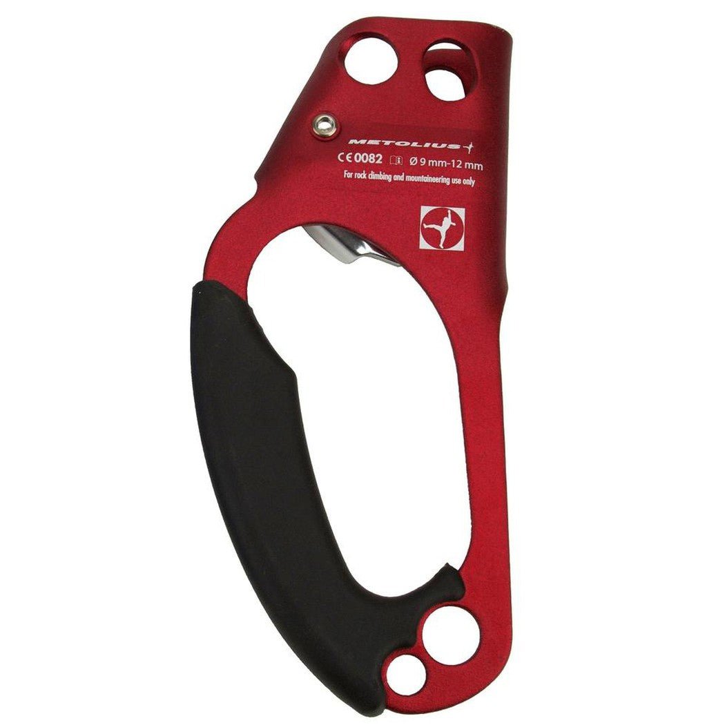 Red Metolius Ascender - Right with black grip and metal clip, shown from the side against a white background.