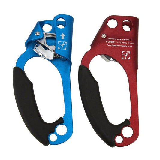 Red Metolius Ascender - Right with black grip and metal teeth, side view against white background.