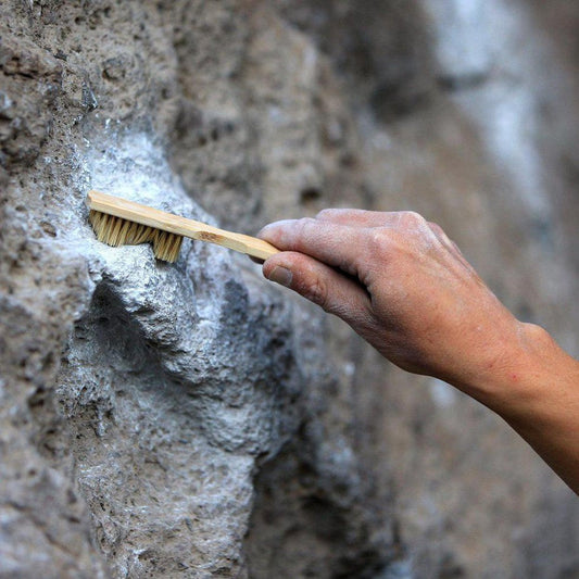 A hand holds the Metolius Bamboo Boar's Hair Brush against a textured rock face.