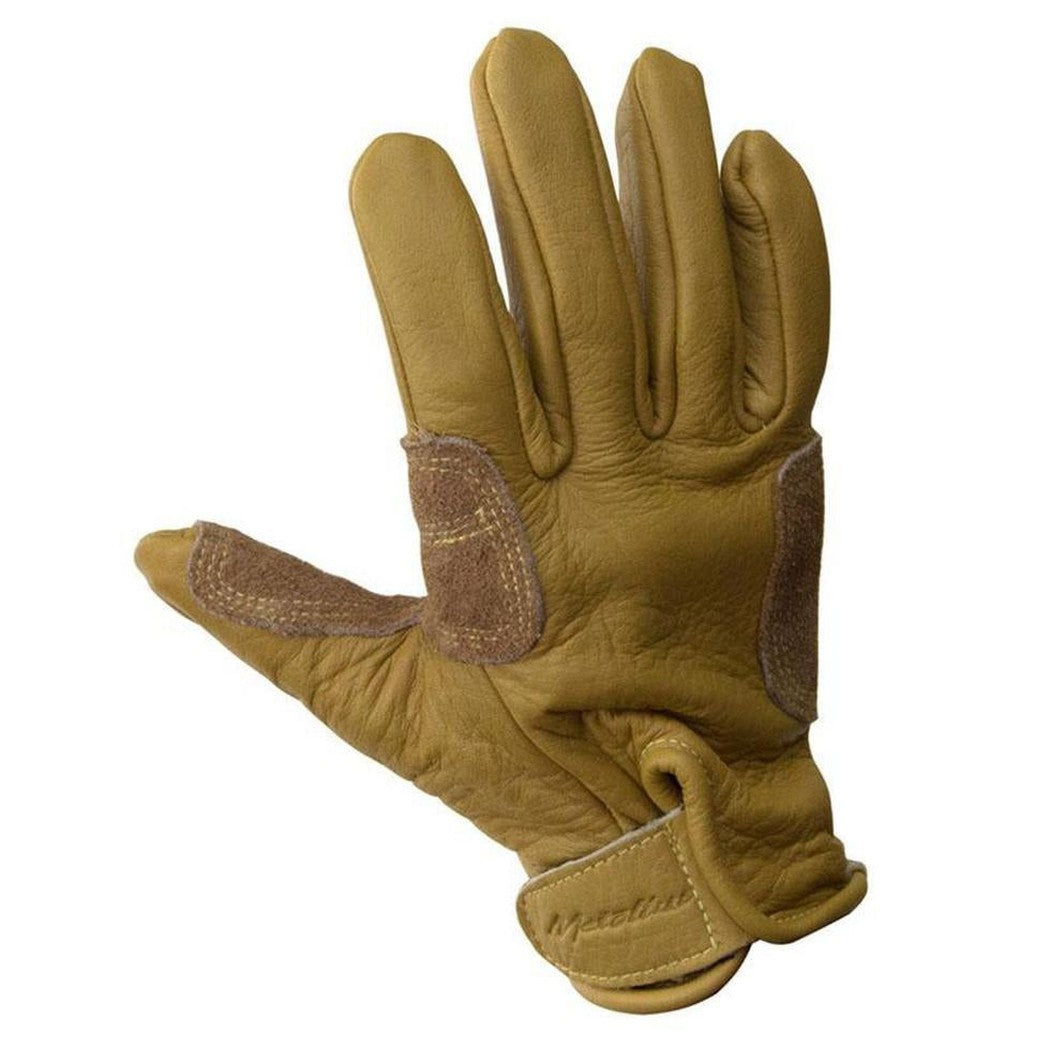 A natural Metolius Belay Glove - Full Finger with brown reinforced patches and a wrist strap, shown from the palm side against a white background.