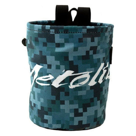 A front view of the Metolius Digi Camo CB chalk bag in blue with a digital camo pattern and black straps.