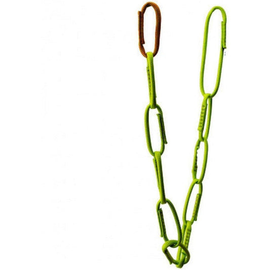 A green and red Metolius Dynamic Daisy Chain with a brown carabiner, shown against a white background.