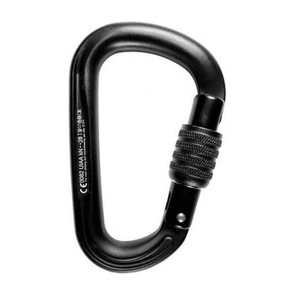 A black Metolius Element II Screw Lock carabiner shown from a side angle with a textured screw lock mechanism and certification markings on the side against a white background.