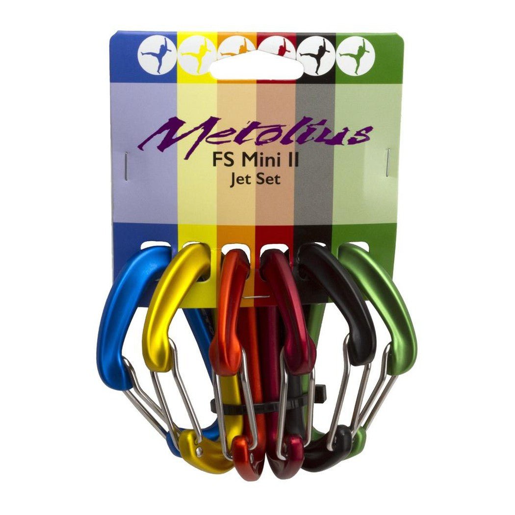 A front view of the Metolius FS Mini II Jet Set 6pk carabiners in blue, yellow, red, maroon, black, and green against a colorful card.
