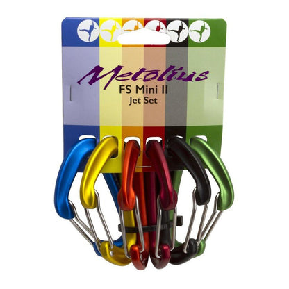 A front view of the Metolius FS Mini II Jet Set 6pk carabiners in blue, yellow, red, maroon, black, and green against a colorful card.