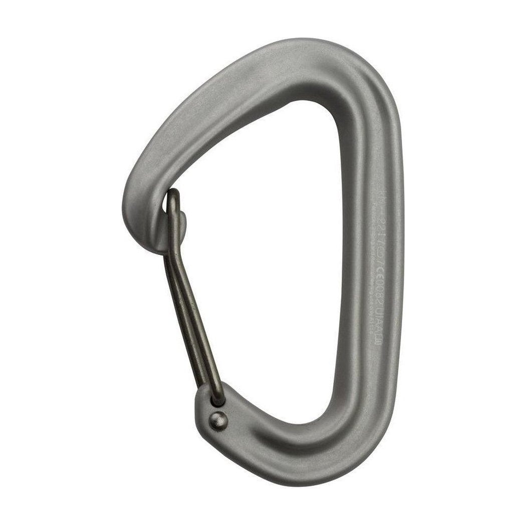 A charcoal Metolius FS Mini II carabiner with a metal gate, shown from a front angle against a white background.