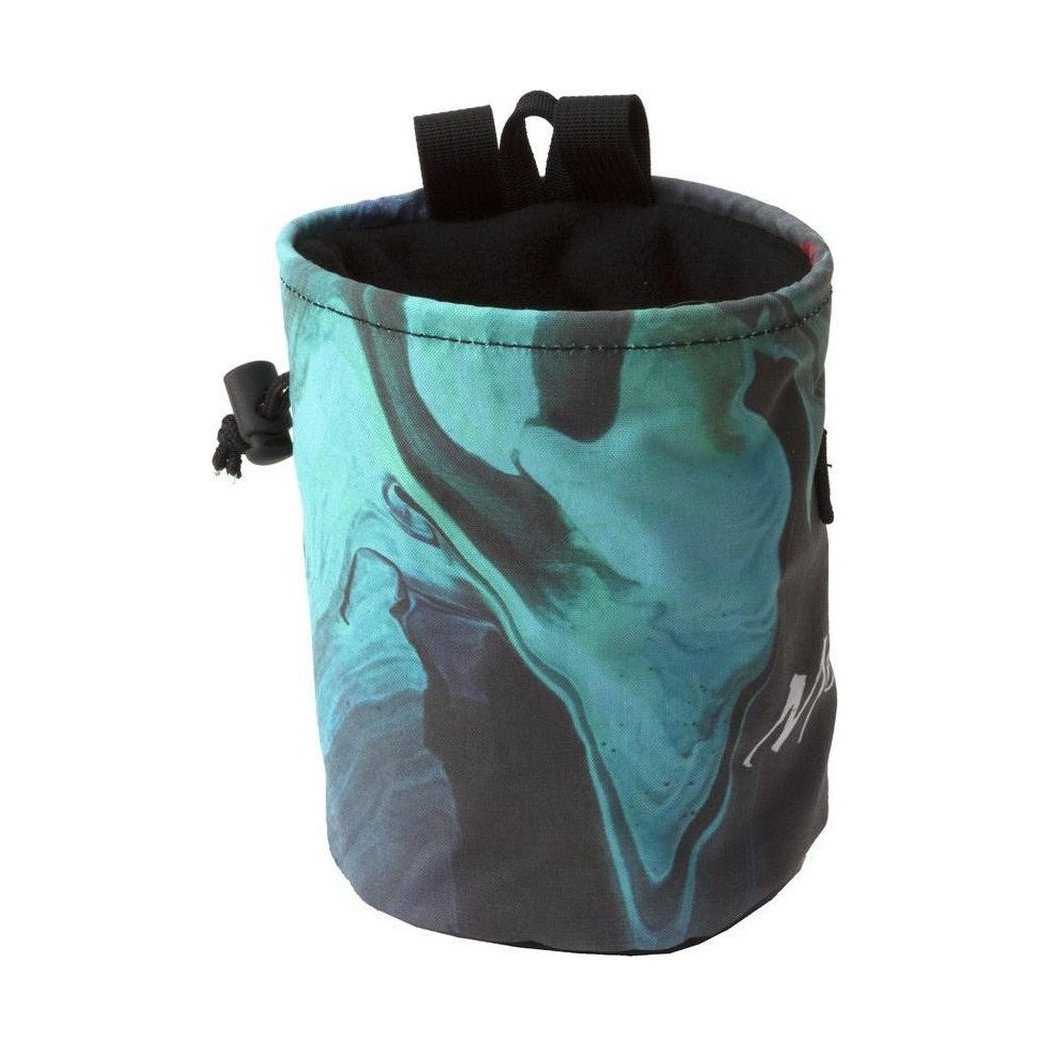 A side view of the Metolius Marble Comp chalk bag in Aqua with black straps and a black interior against a white background.