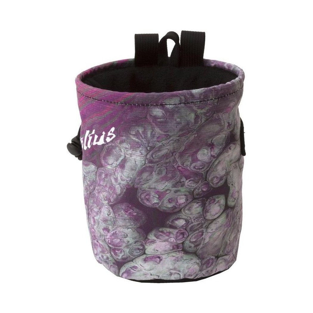 A front view of the Metolius Marble Comp chalk bag in Aqua with a purple and white marble pattern, black straps, and a black interior, against a white background.