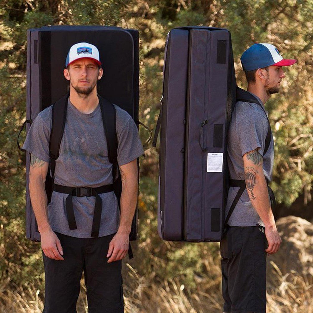 Two views of a man wearing the Metolius Recon Crash Pad against a natural outdoor background.