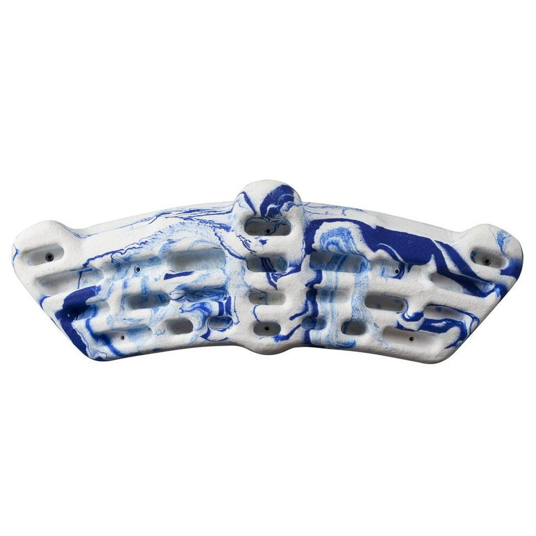 A blue and white swirl Metolius Simulator 3D climbing training board against a white background.