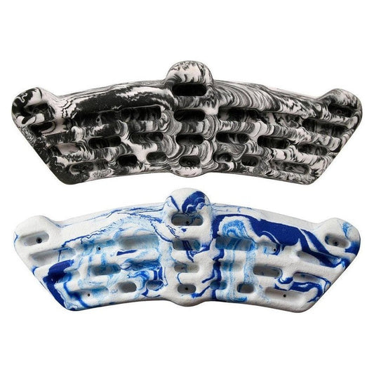 Two Metolius Simulator 3D climbing holds, one in Charcoal/Graphite and one in Blue/White Swirl, are shown from a top-down angle against a white background.