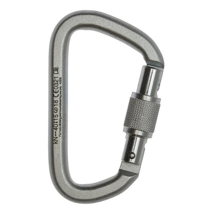A silver Metolius Steel Screw Lock Biner shown from the side with a textured screw lock mechanism against a white background.