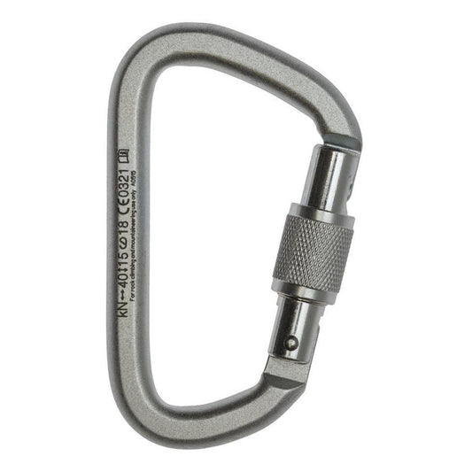 A silver Metolius Steel Screw Lock Biner shown from the side with a textured screw lock mechanism against a white background.
