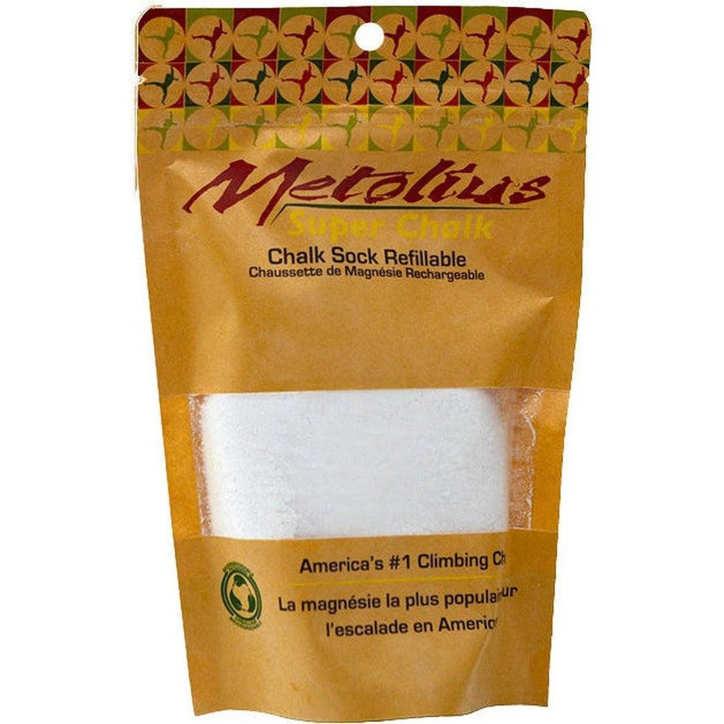 A front view of the Metolius Super Chalk Sock Refillable in a yellow package with a white chalk sock visible through the window.