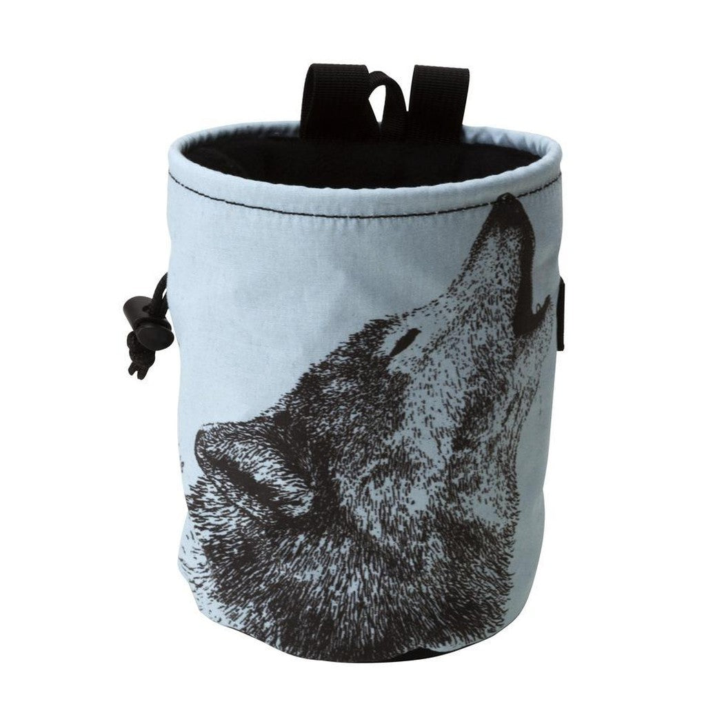A front view of the Metolius Wildlife Comp chalk bag in Bobcat color showing the wolf graphic and black straps on top.