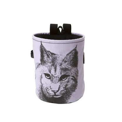 A front view of the Metolius Wildlife Comp chalk bag in Bobcat color showing the bobcat graphic and black straps against a white background.