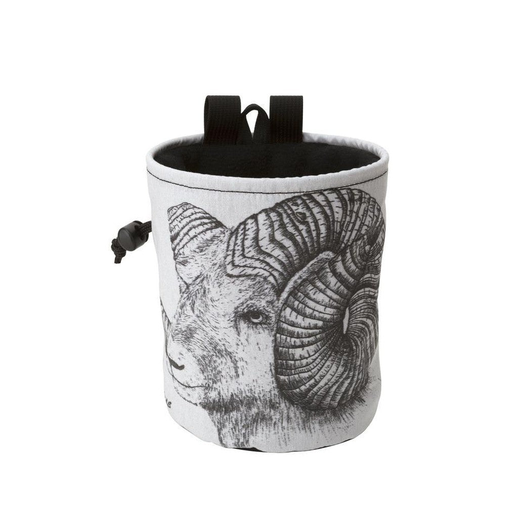 A front view of the Metolius Wildlife Comp chalk bag in Bobcat color showing the ram graphic and black straps against a white background.