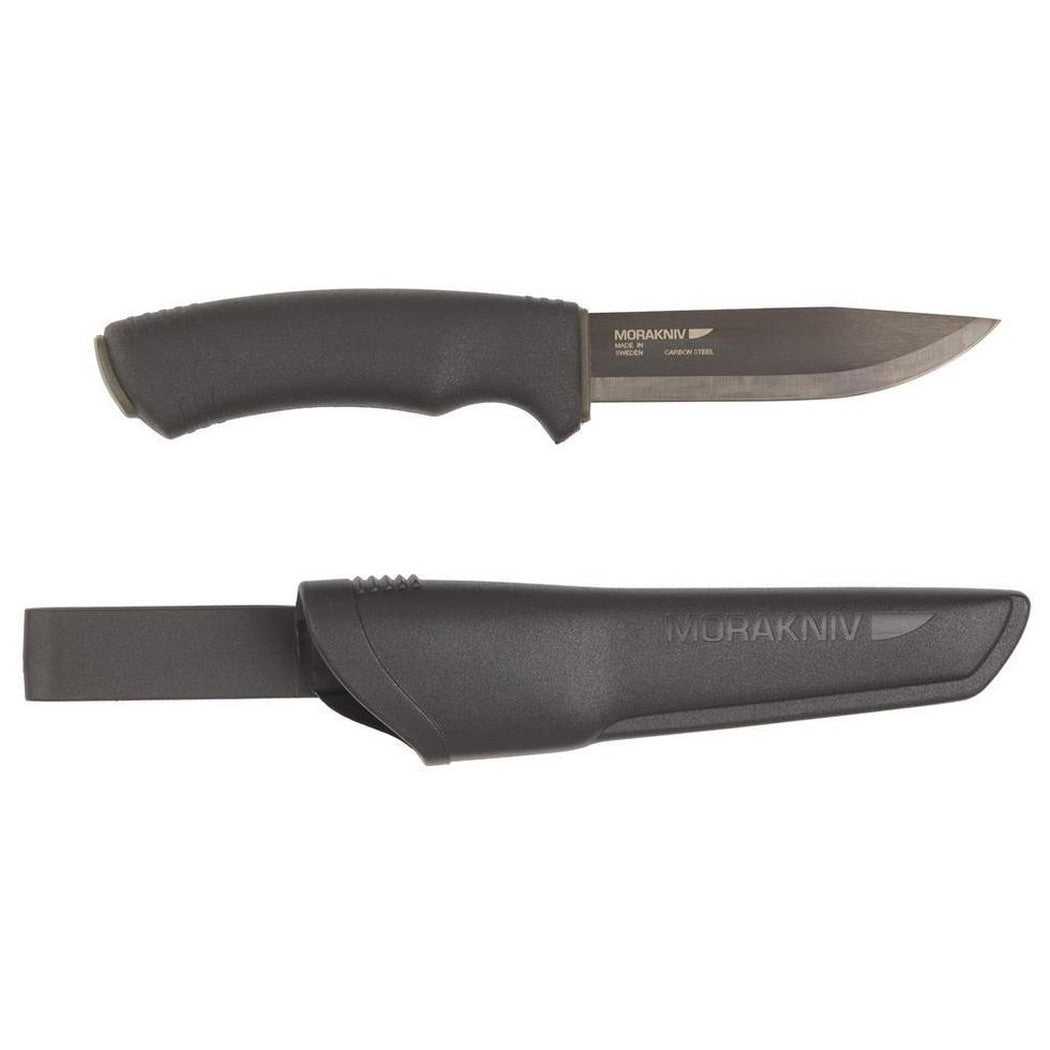 A top and bottom view of the Morakniv Bushcraft Black knife and sheath against a white background.
