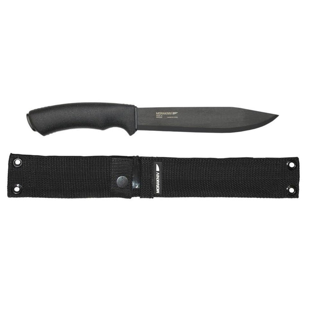 A black Morakniv Bushcraft Pathfinder knife with a black handle and sheath displayed against a white background.