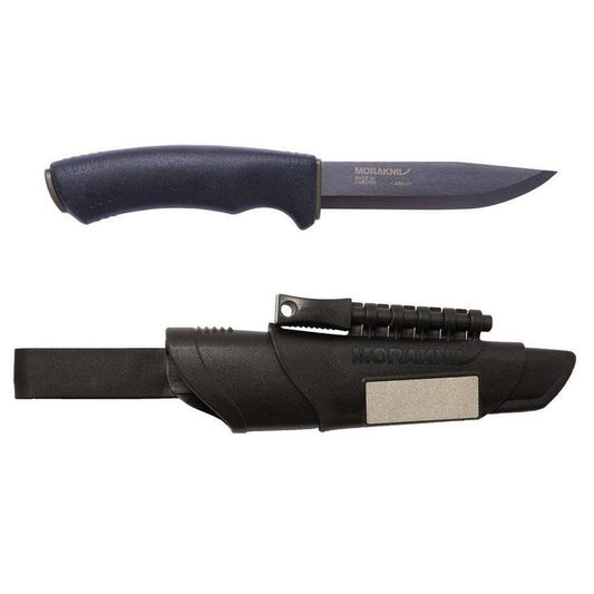 A top-down view of the Morakniv Bushcraft Survival Black knife and its black sheath with a metal plate, displayed against a white background.